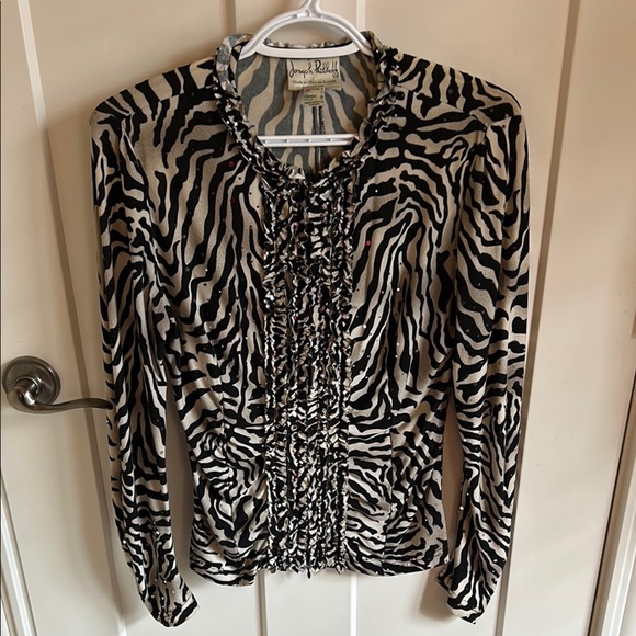 Joseph Ribkoff Zebra Sparkly Ruffled Made in Canada Zip Front Top, size 8 - Picture 1 of 6